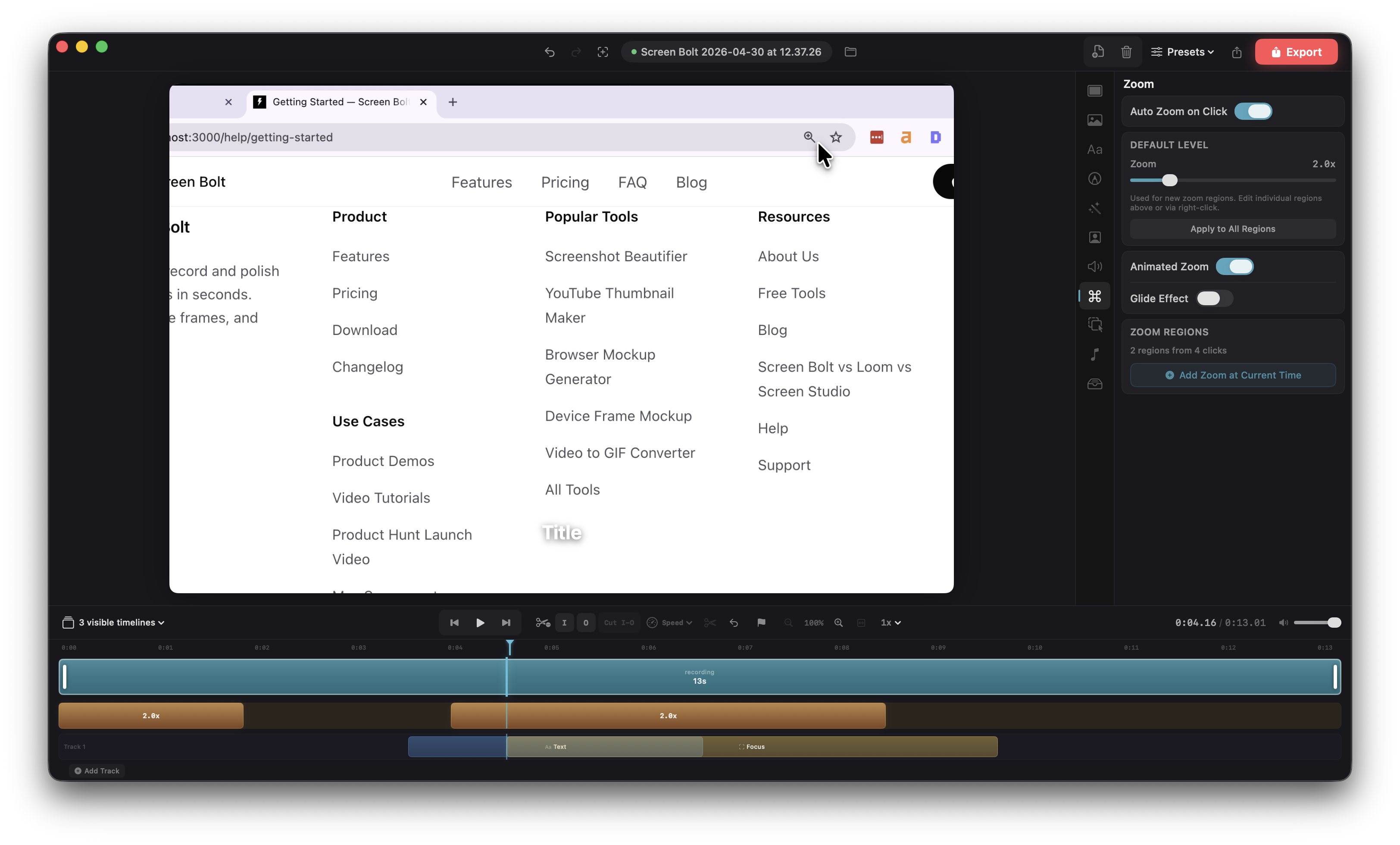 Auto zoom panel showing default level, glide speed, and animated zoom toggles