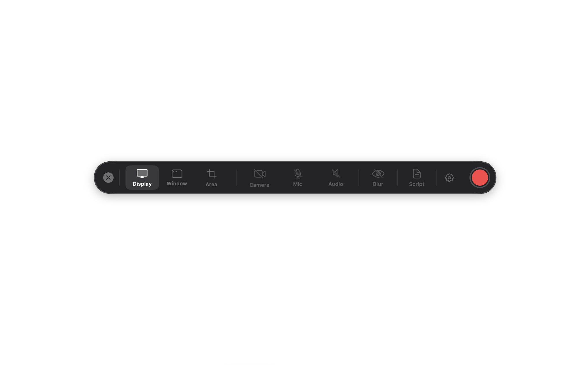 Screen Bolt recording bar — capture mode on the left, red record button in the middle, input toggles on the right