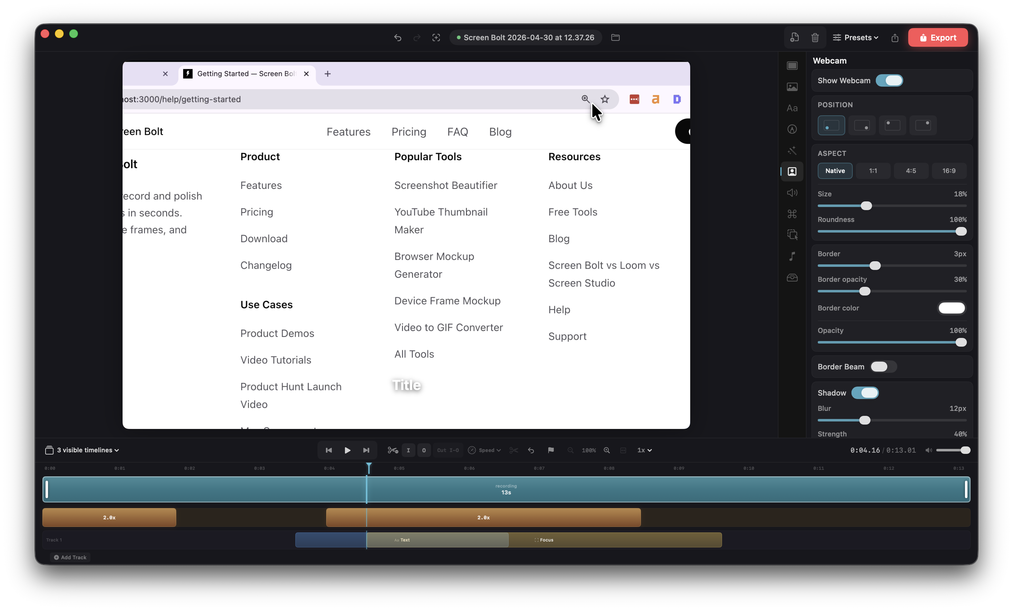 Screen Bolt webcam preview and overlay options in the editor