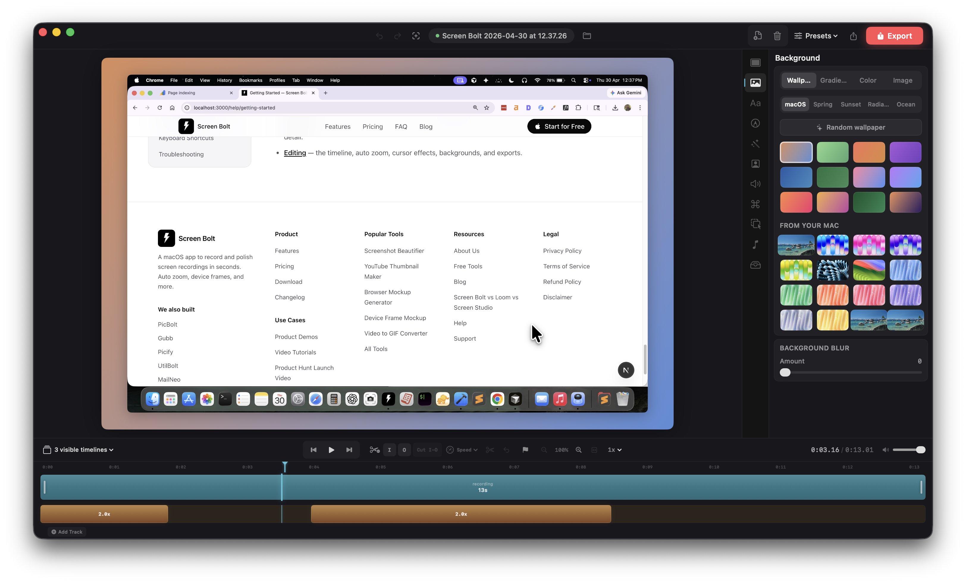 Background panel — wallpaper presets, gradients, solid colors, and custom image