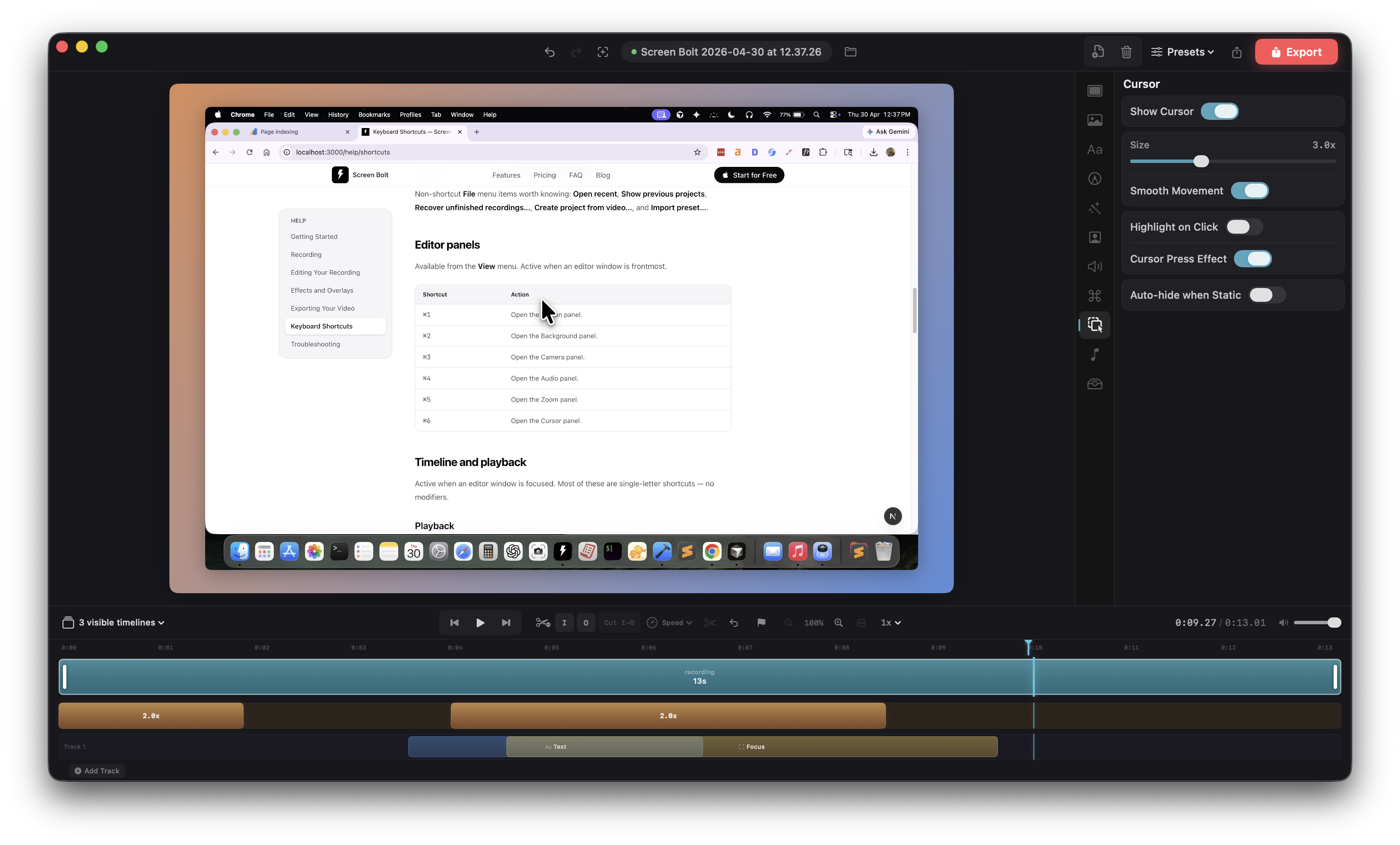Cursor panel — size, smoothing, click highlight, press effect, auto-hide