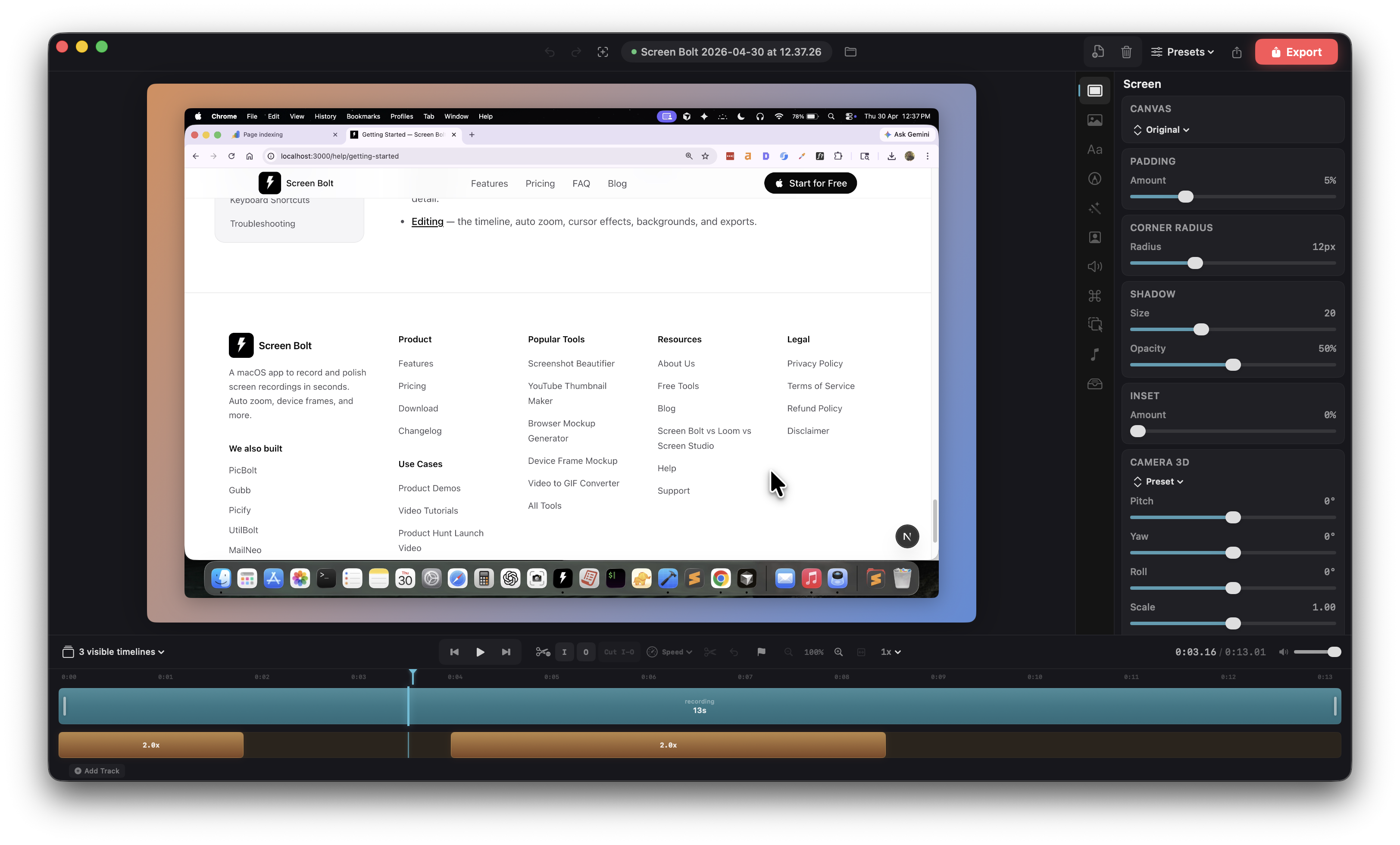 Screen Bolt editor — preview canvas, sidebar panels, transport bar, and timeline
